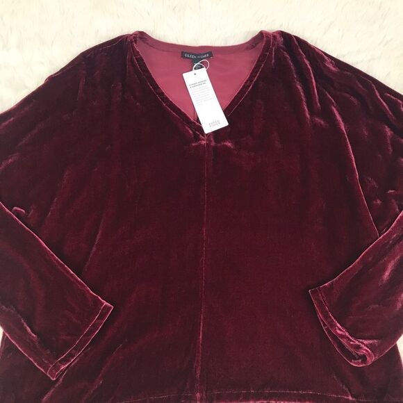EILEEN‎ FISHER Red Velvet Dolman Sleeve Blouse Boxy Top Silk Blend XXS New - Picture 4 of 9